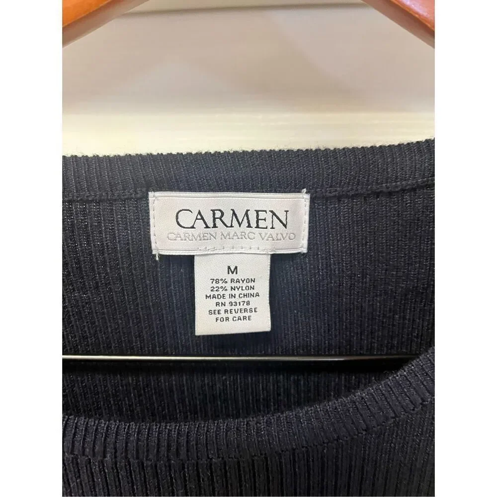 Carmen Marc Valvo Black Ribbed Short Sleeve Flutter Sleeve Sweater sz M EUC